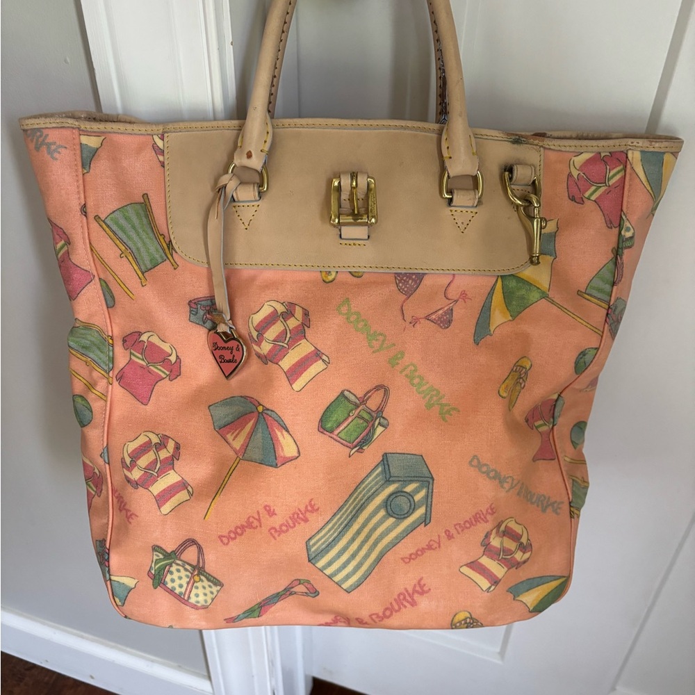 Dooney & Bourke Peach Beach Print Tote with Cream Trim